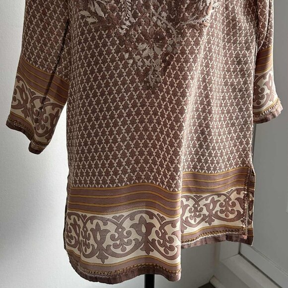 Gretchen Scott Cocoa-Ivory Embroidered Silk-Blend Tunic, Border-Print – US S - Picture 7 of 11